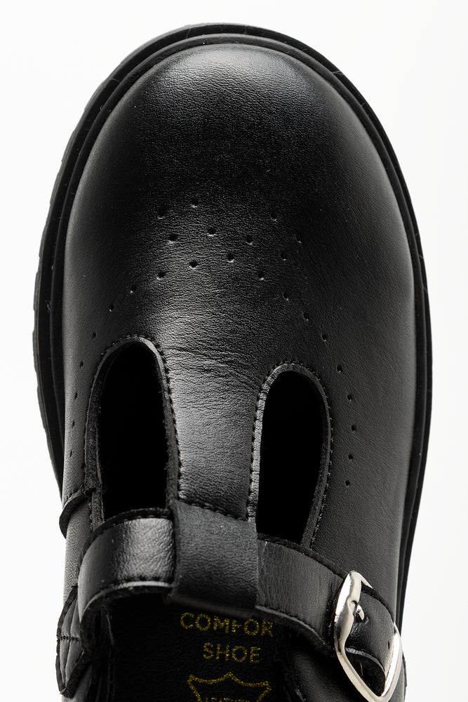 Girls Rugged Leather School Shoes Black (4)