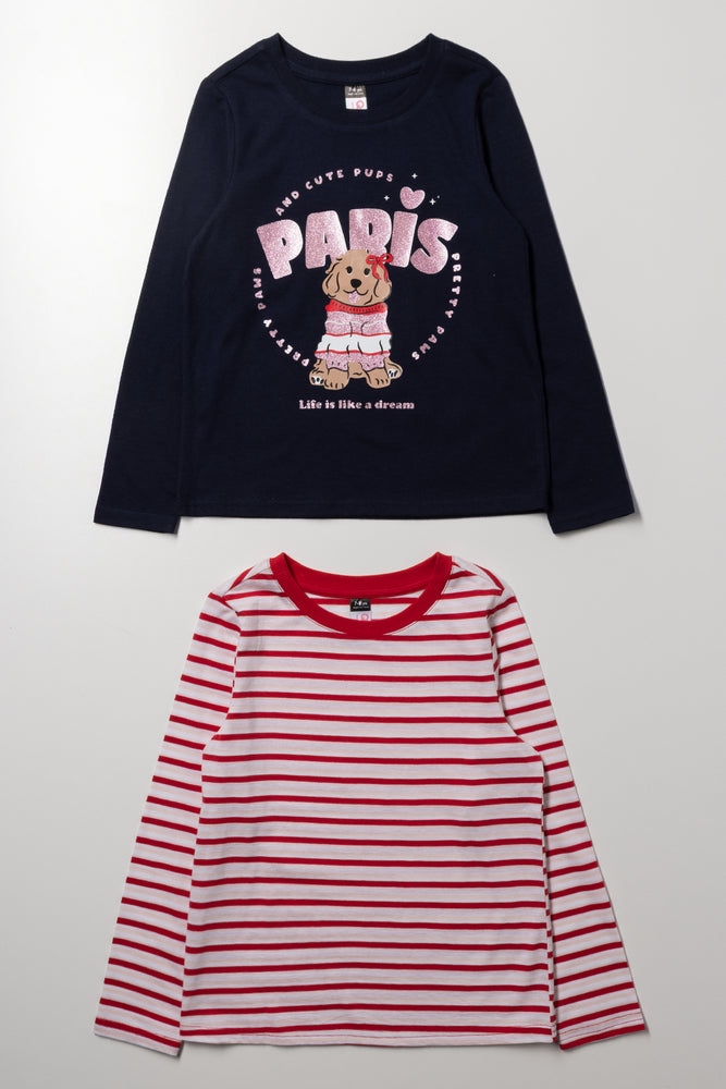 2 Pack Paris Dog Long Sleeve T-Shirts Navy And Red