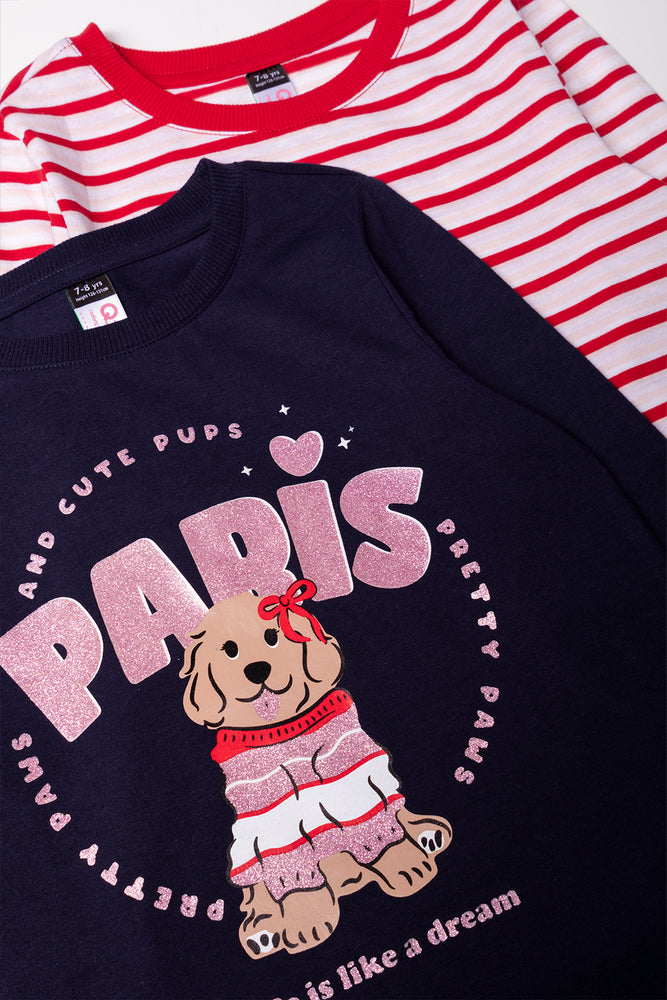 2 Pack Paris Dog Long Sleeve T-Shirts Navy And Red