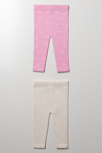 2 Pack Cable Knit Leggings Pink And Cream