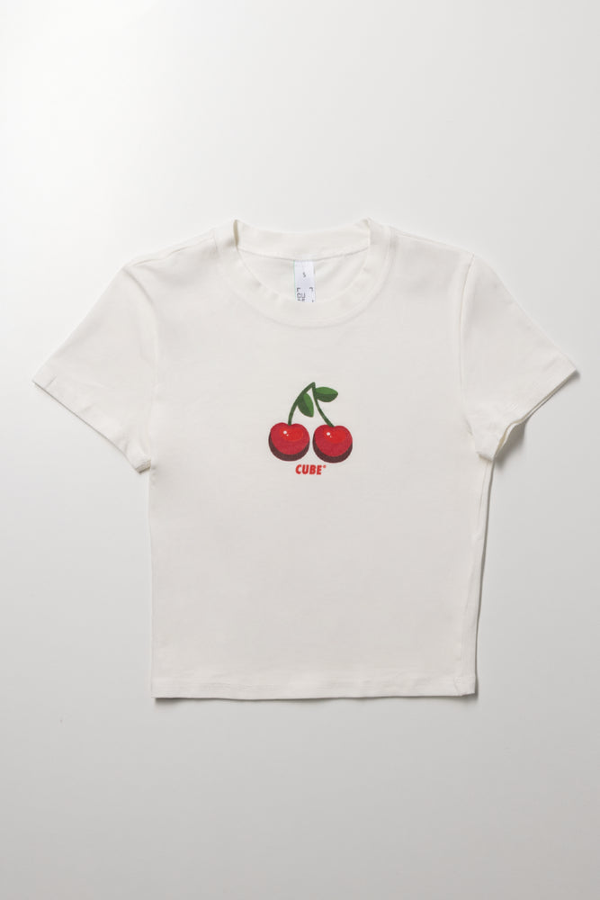Cherry Print Cropped Top White