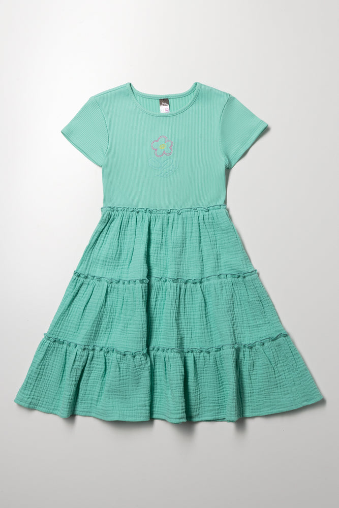 Rib Tiered Combo Dress Turquoise