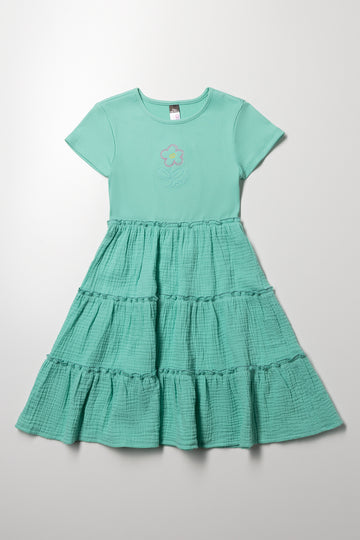 Rib Tiered Combo Dress Turquoise