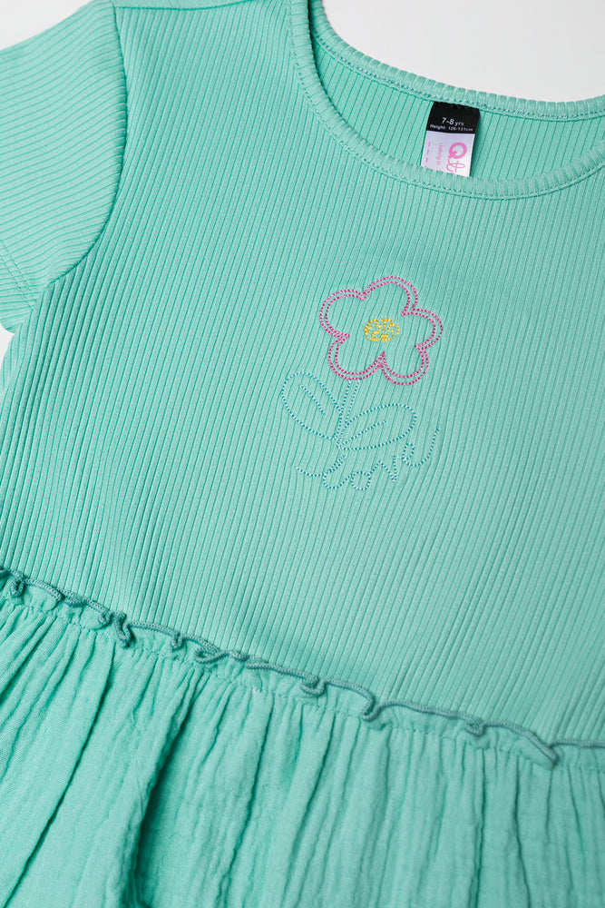 Rib Tiered Combo Dress Turquoise