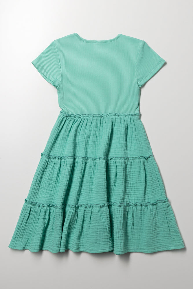 Rib Tiered Combo Dress Turquoise (2)