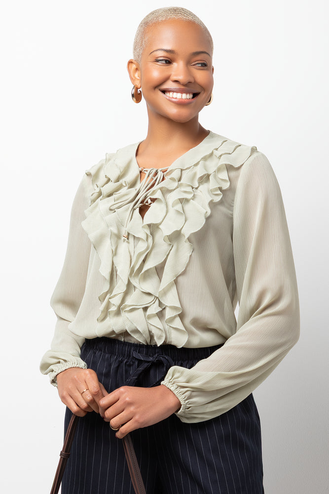 Long Sleeve Chiffon Ruffle Blouse Sage | Tops & T-Shirts | Ackermans