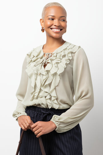 Long Sleeve Chiffon Ruffle Blouse Sage