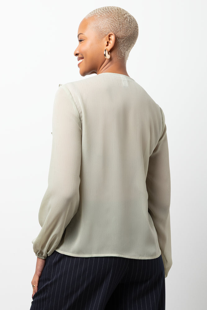 Long Sleeve Chiffon Ruffle Blouse Sage (2)