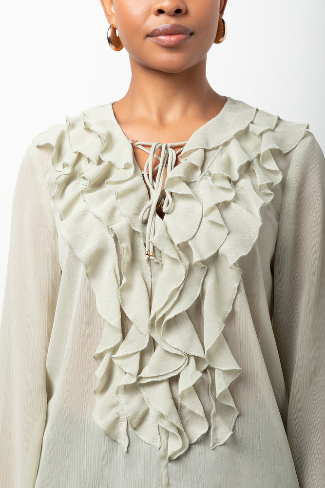 Long Sleeve Chiffon Ruffle Blouse Sage | Tops & T-Shirts | Ackermans