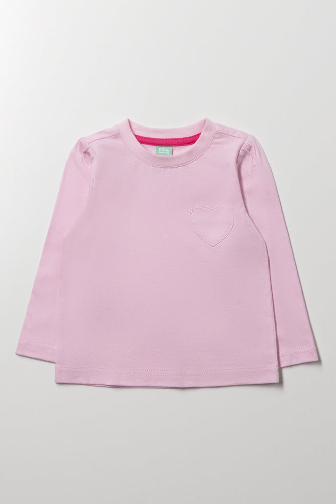 Long Sleeve Heart Pocket T-Shirt Light Pink