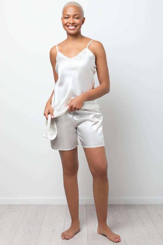 Satin Cami Short Set With Mask White