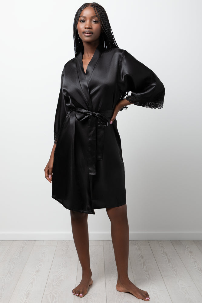 Satin Lace Sleeve Gown Black