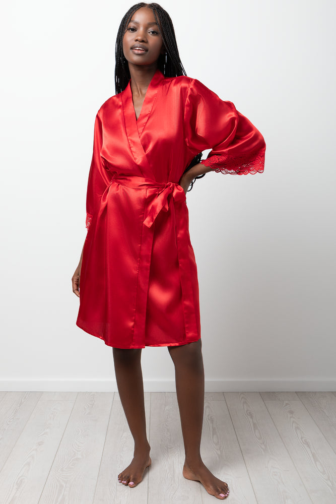 Lace Sleeve Satin Gown Red