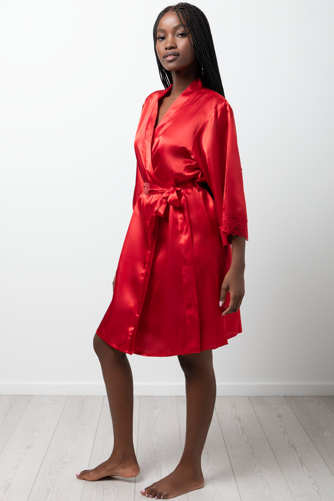 Lace Sleeve Satin Gown Red