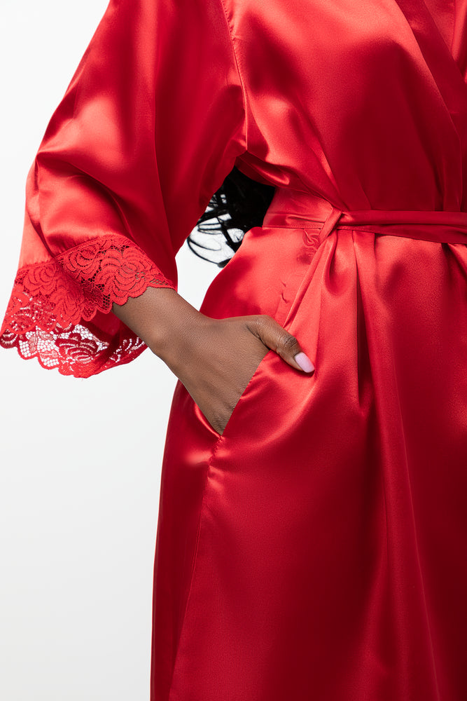 Lace Sleeve Satin Gown Red (3)