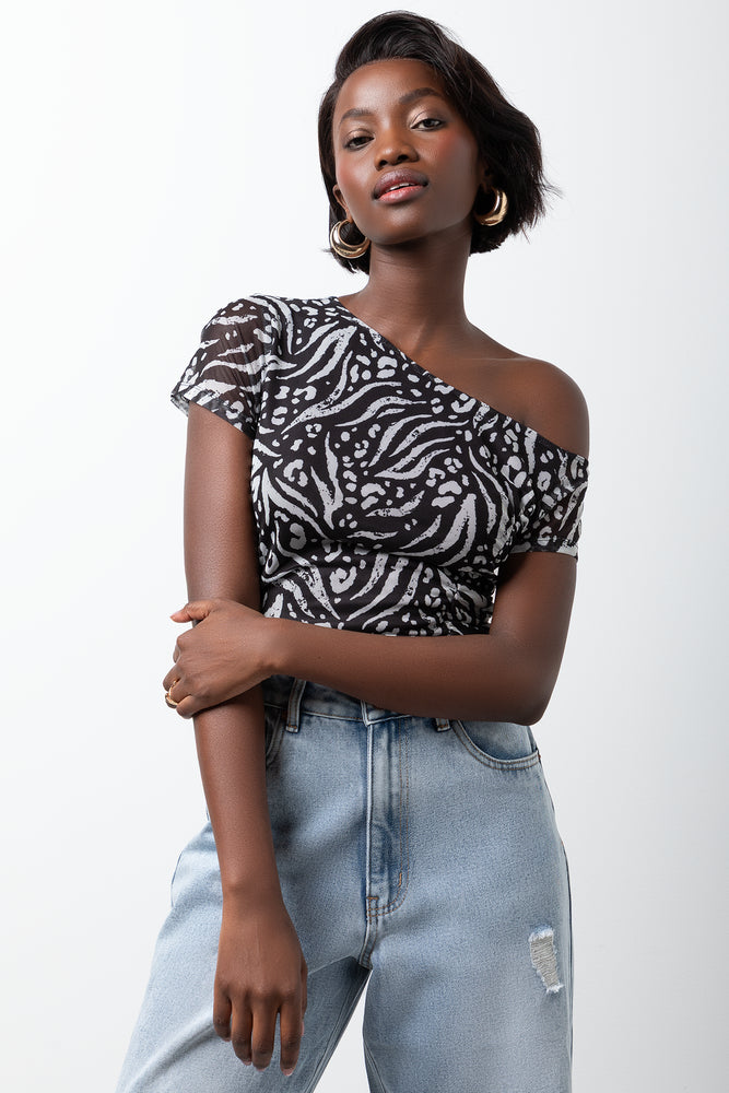 Zebra Short Sleeve Mesh Bodysuit Black