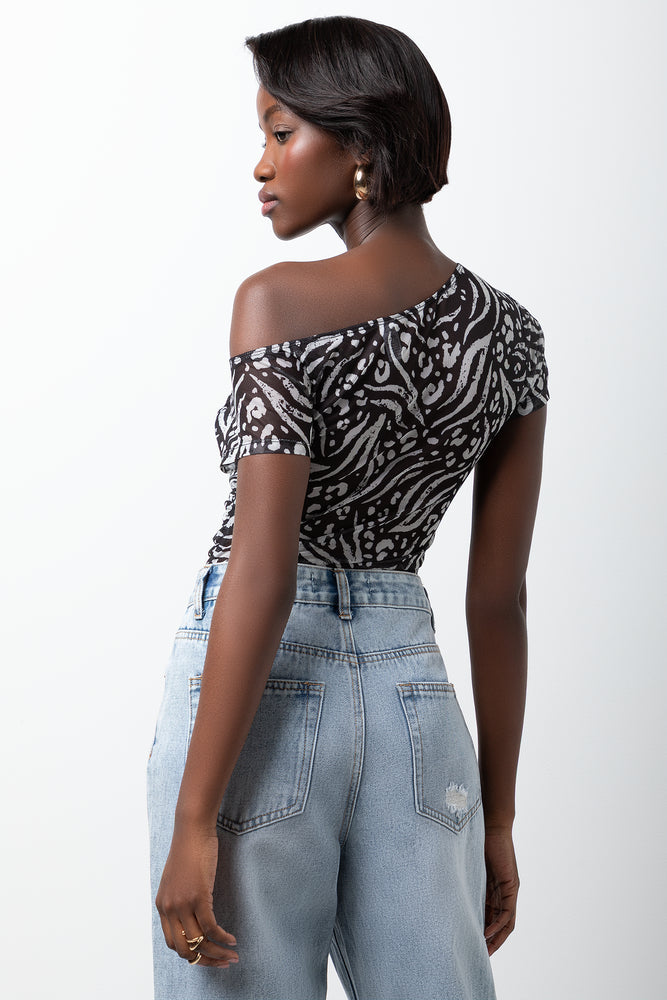 Zebra Short Sleeve Mesh Bodysuit Black (2)