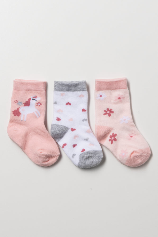 3 Pack Unicorn Flower Socks Pink