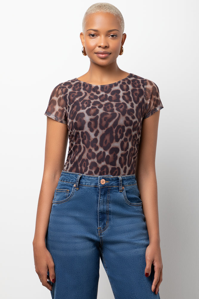 Short Sleeve Mesh Bodysuit Leopard Print