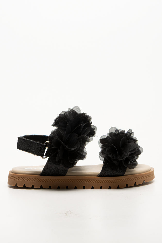 Chiffon Flower Sandals Black