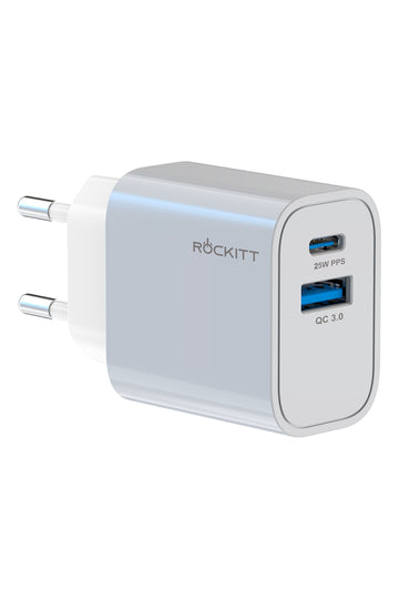 Rockitt Wall Super Fast Charger 25w USB A+C White And Grey