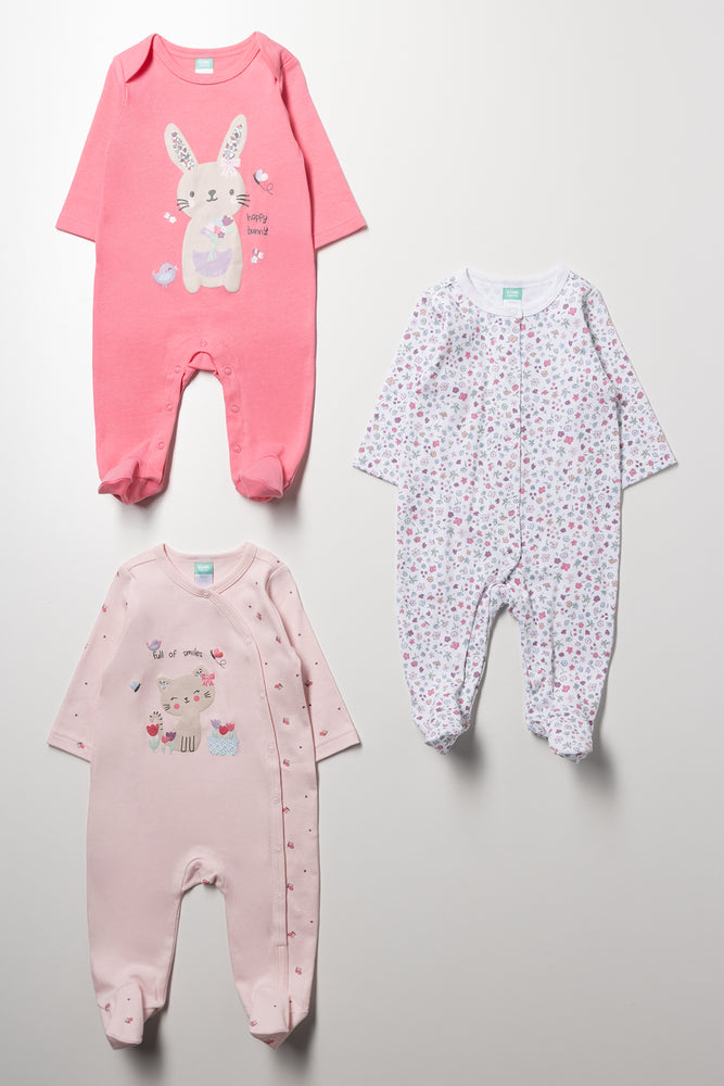 3 Pack Babygrows Pink And White