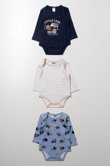 3 Pack Long Sleeve Bodyvests Blue And Natural