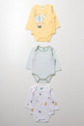3 Pack Long Sleeve Bodyvests Yellow, Green And White