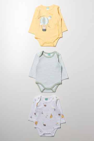 3 Pack Long Sleeve Bodyvests Yellow, Green And White