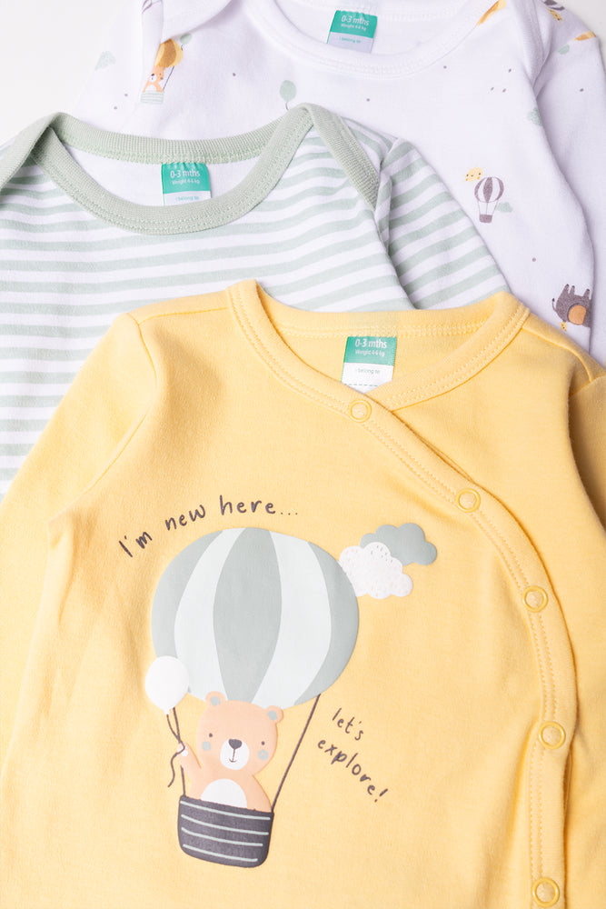 3 Pack Long Sleeve Bodyvests Yellow, Green And White