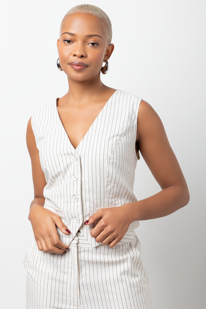 Striped Linen Blend Waistcoat Cream (3)