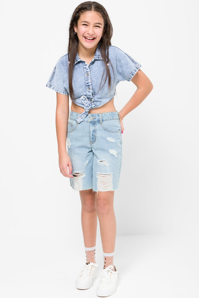 Rip And Repair Denim Shorts Light Blue