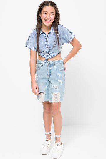Rip And Repair Denim Shorts Light Blue