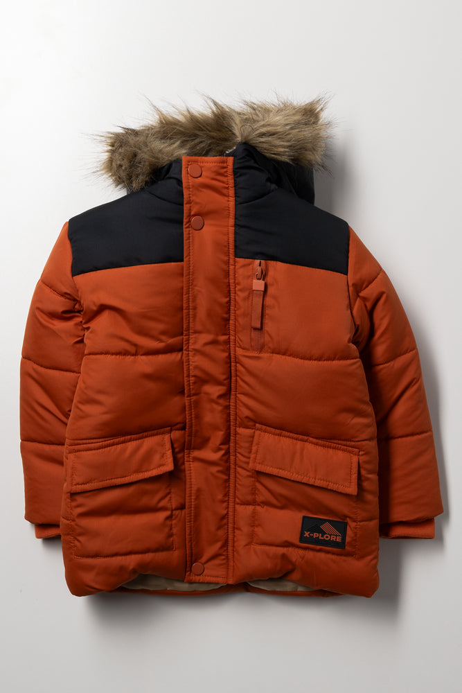 Colourblock Hooded Puffer Coat Rust