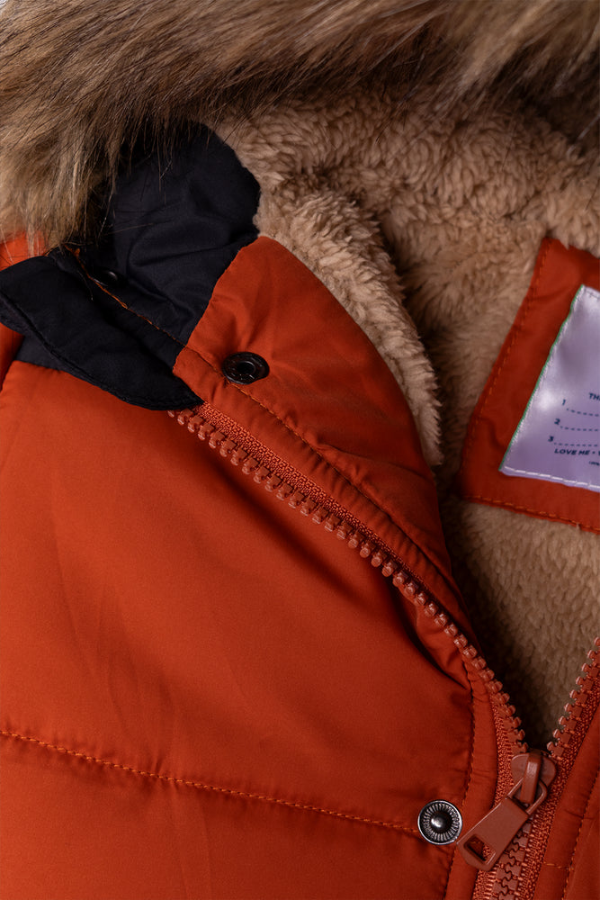 Colourblock Hooded Puffer Coat Rust