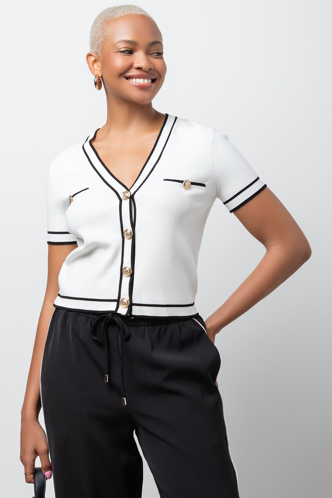 Short Sleeve Cardigan With Tipping Black And White | Knitwear Short Sleeve Cardigan With Tipping Black And White | Knitwear