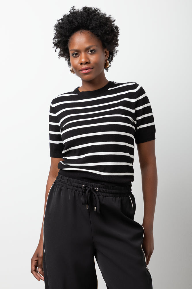 Stripe Ballerina Sleeve Crew Neck Knit Top Blac | Knitwear