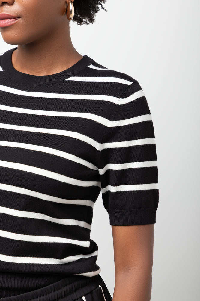Stripe Ballerina Sleeve Crew Neck Knit Top Black And White (3)
