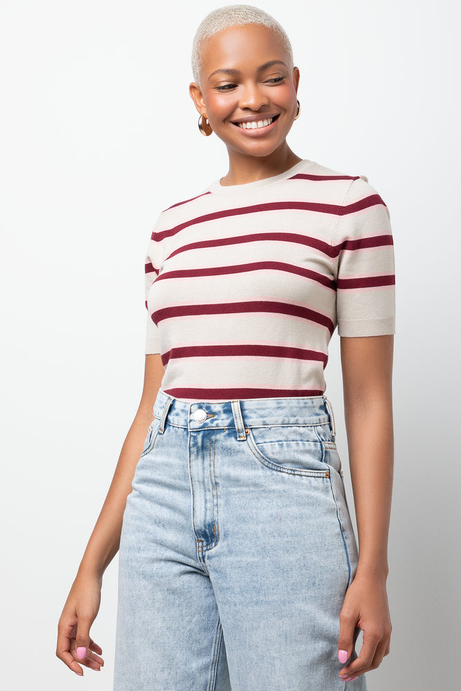 Crew Neck Knit Top Natural And Burgundy