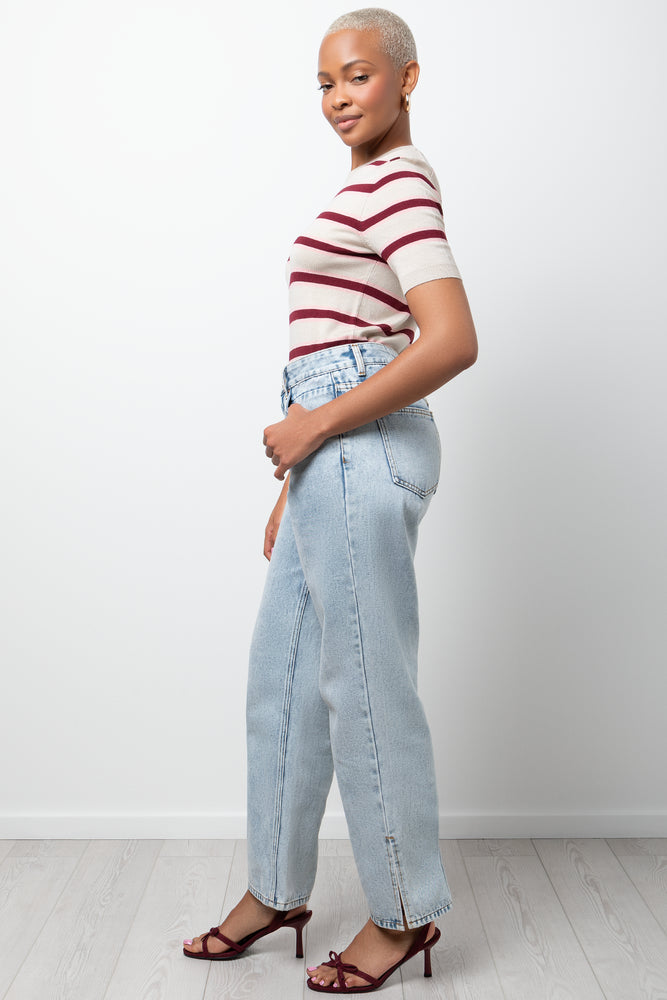 Crew Neck Knit Top Natural And Burgundy (1)