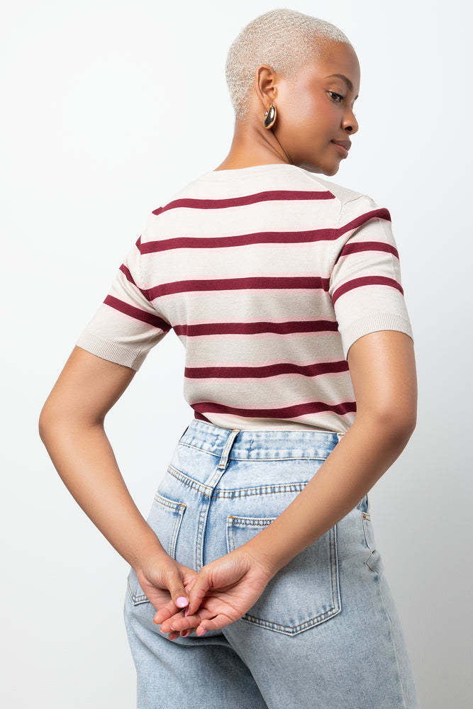 Crew Neck Knit Top Natural And Burgundy (2)