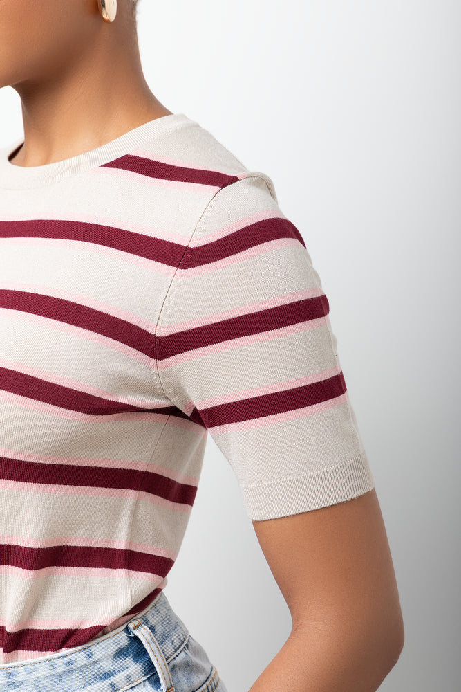 Crew Neck Knit Top Natural And Burgundy (3)