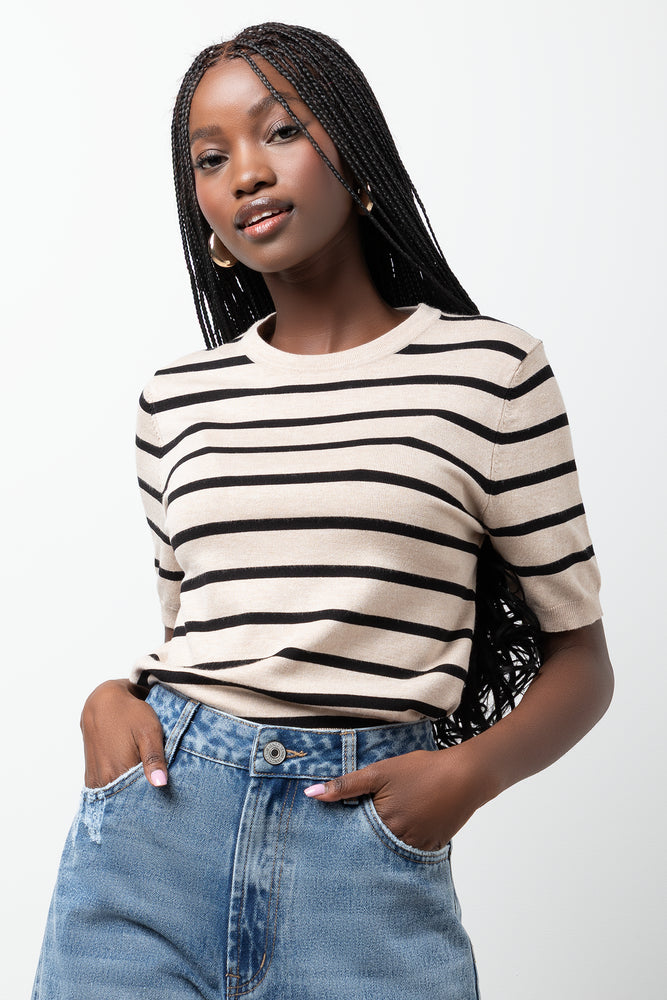 Short Sleeve Knit Top Natural And Black