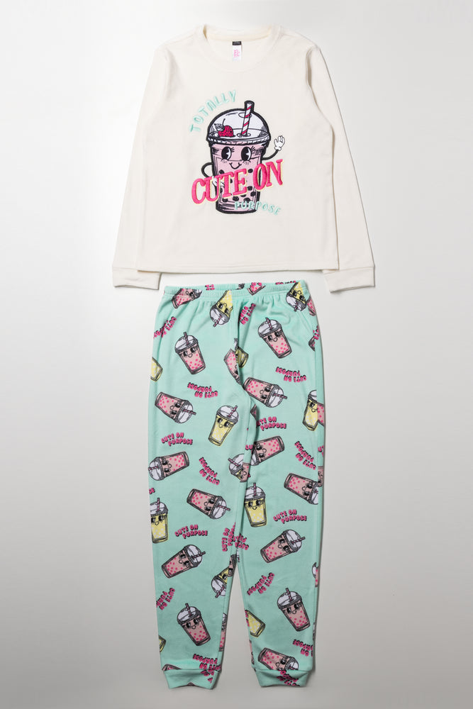 Long Sleeve Pyjama Set Cream And Blue