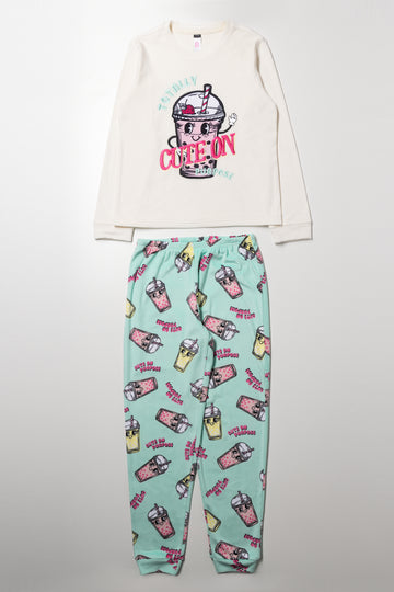 Long Sleeve Pyjama Set Cream And Blue