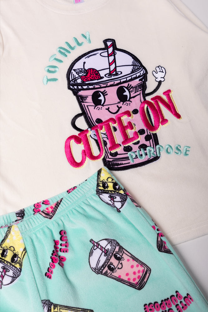 Long Sleeve Pyjama Set Cream And Blue (1)