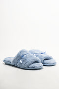 Satin Trim Fur Slippers Blue