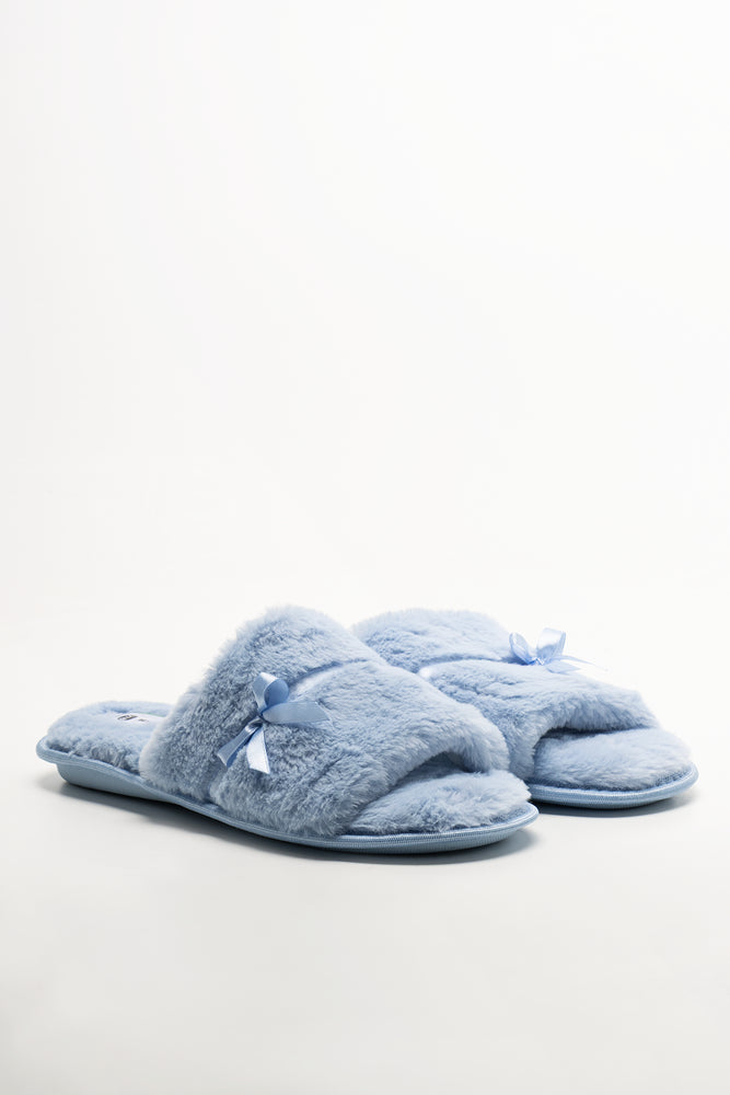 Satin Trim Fur Slippers Blue