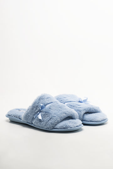 Satin Trim Fur Slippers Blue