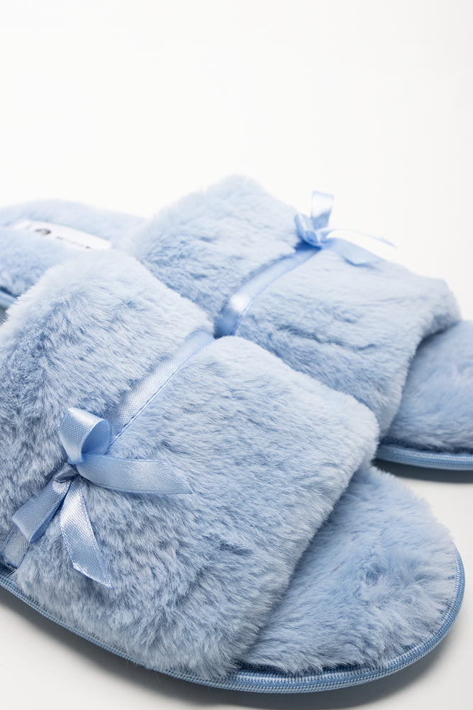 Satin Trim Fur Slippers Blue (2)